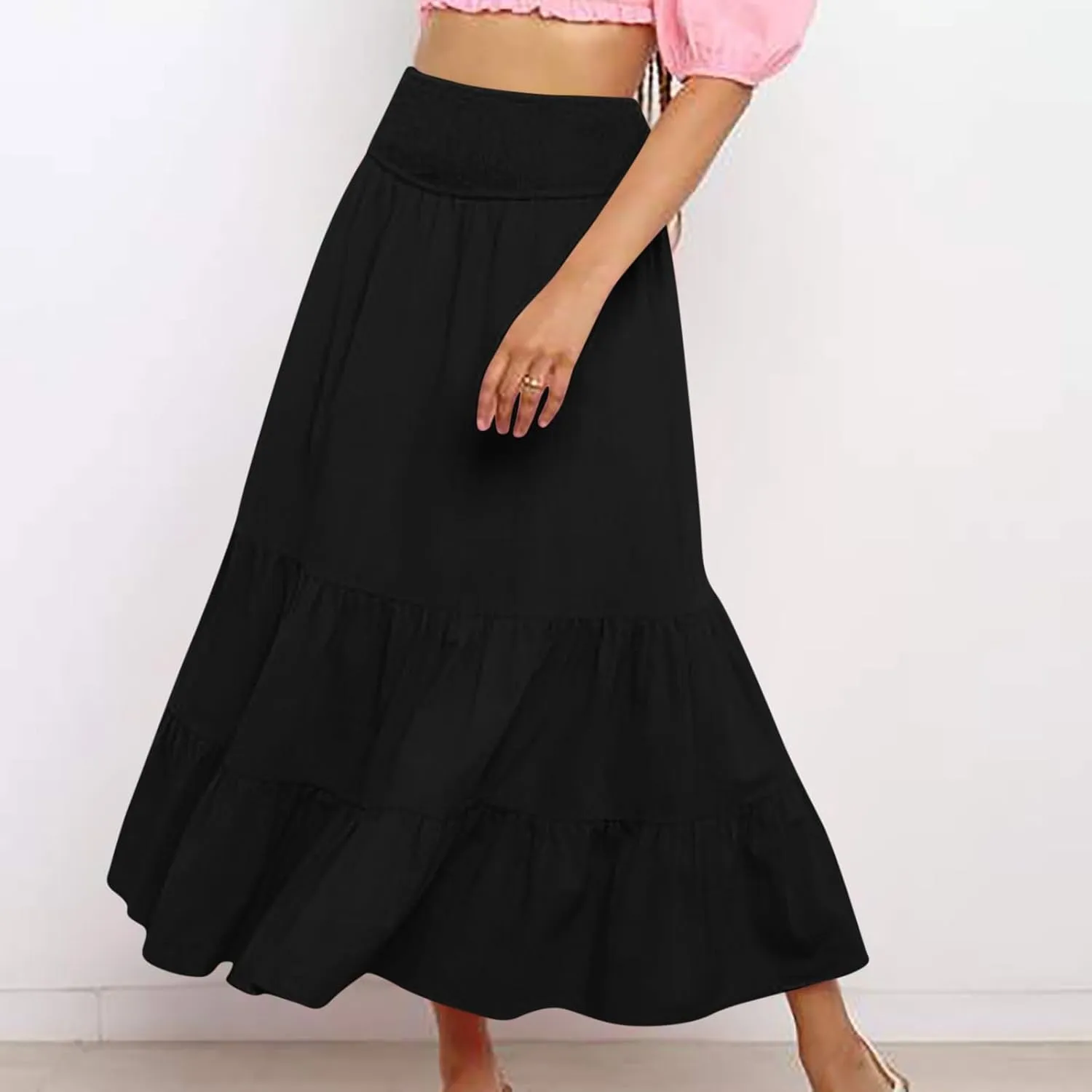 Women's Summer Comfy Tiered Skirts Elastic High Waisted A-Line Skirts Casual Beach Vacation Flowy Long Skirts
