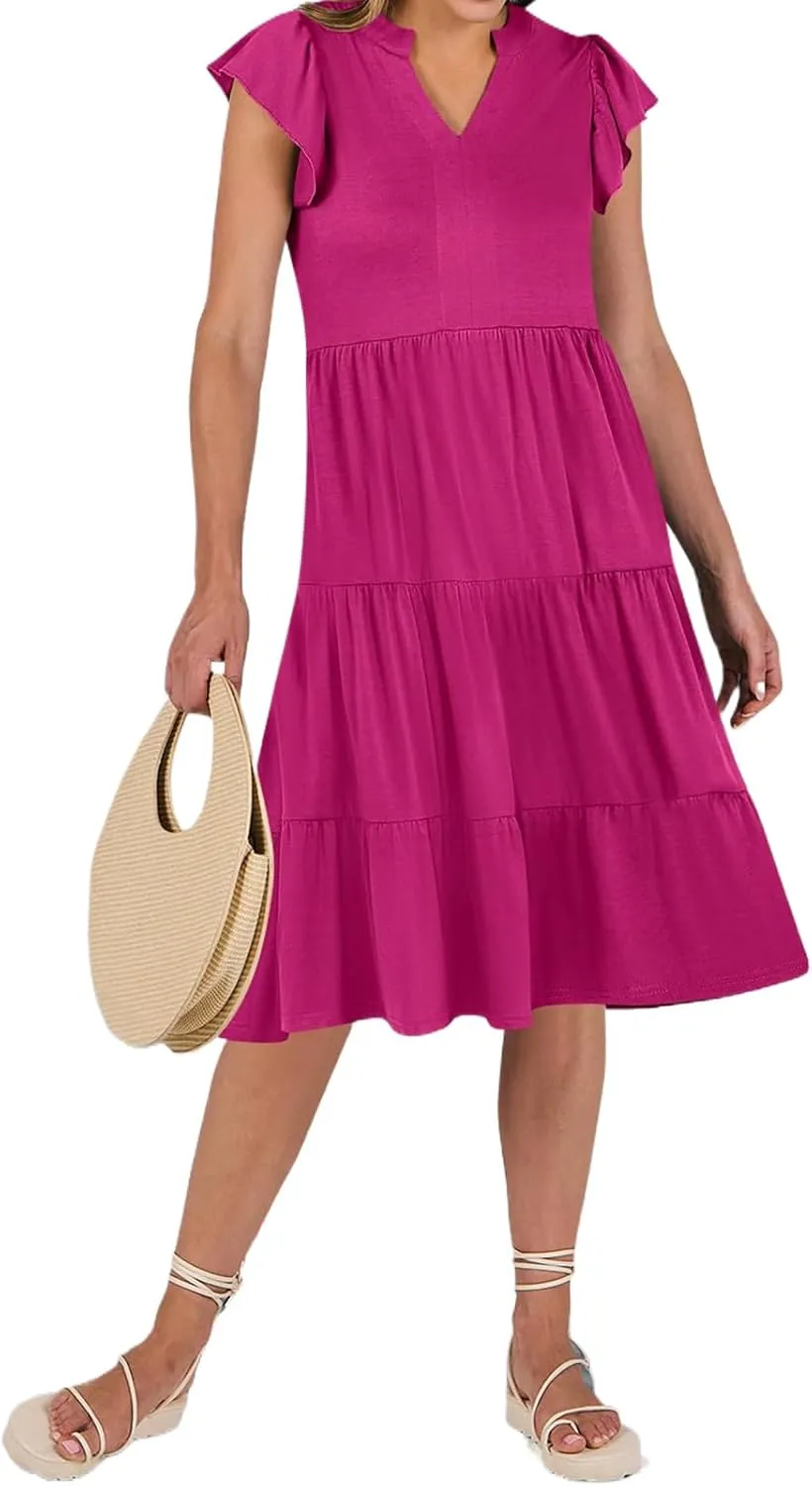 Womens Summer Dress Fashion Ruffle Sleeve V Neck Midi Dresses Trendy Flowy Tiered Beach Vacation Boho Sundress 2025