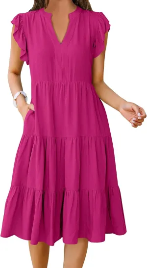 Womens Summer Dress Fashion Ruffle Sleeve V Neck Midi Dresses Trendy Flowy Tiered Beach Vacation Boho Sundress 2025