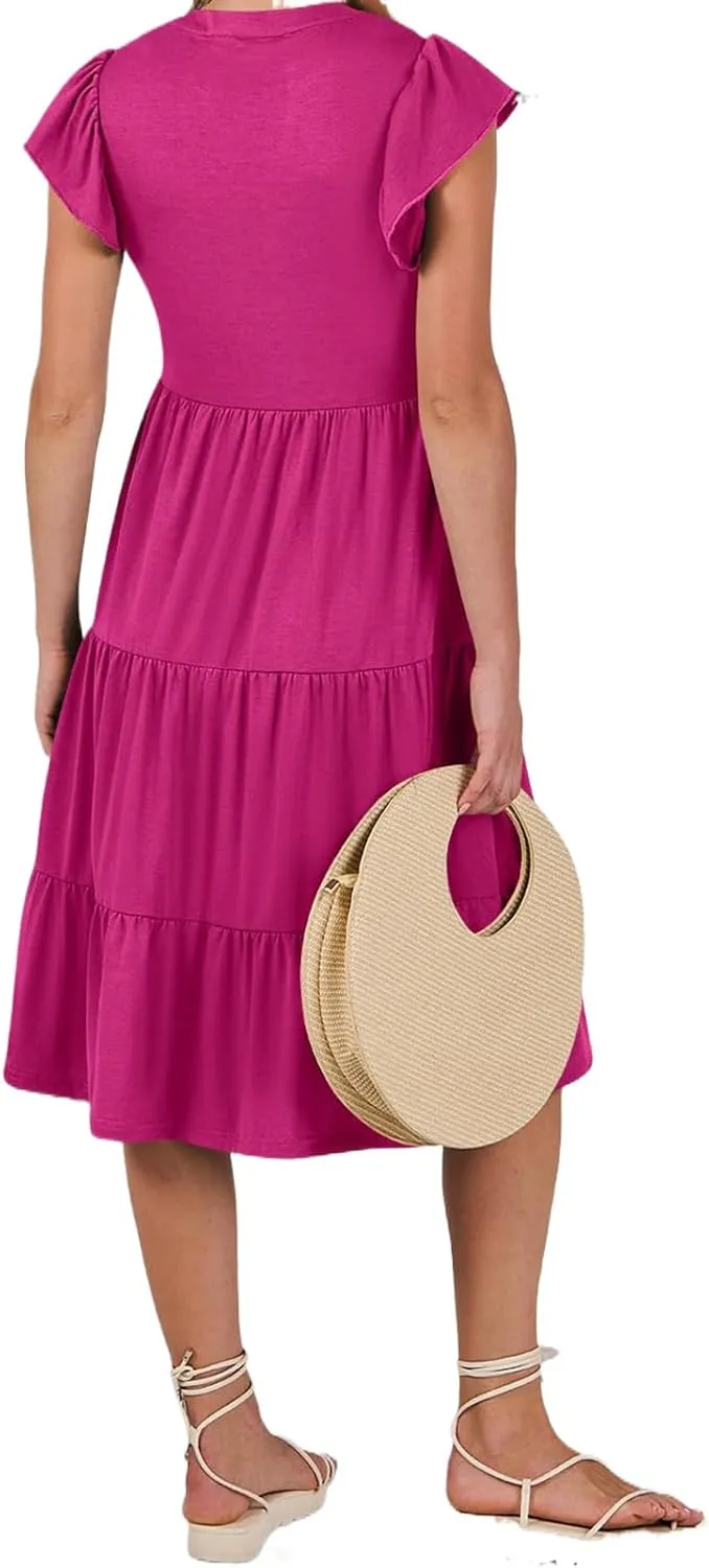 Womens Summer Dress Fashion Ruffle Sleeve V Neck Midi Dresses Trendy Flowy Tiered Beach Vacation Boho Sundress 2025