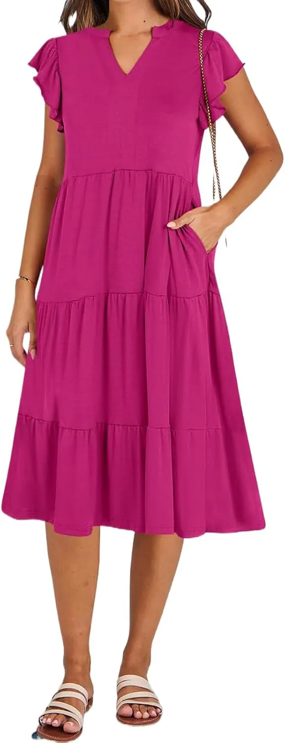 Womens Summer Dress Fashion Ruffle Sleeve V Neck Midi Dresses Trendy Flowy Tiered Beach Vacation Boho Sundress 2025