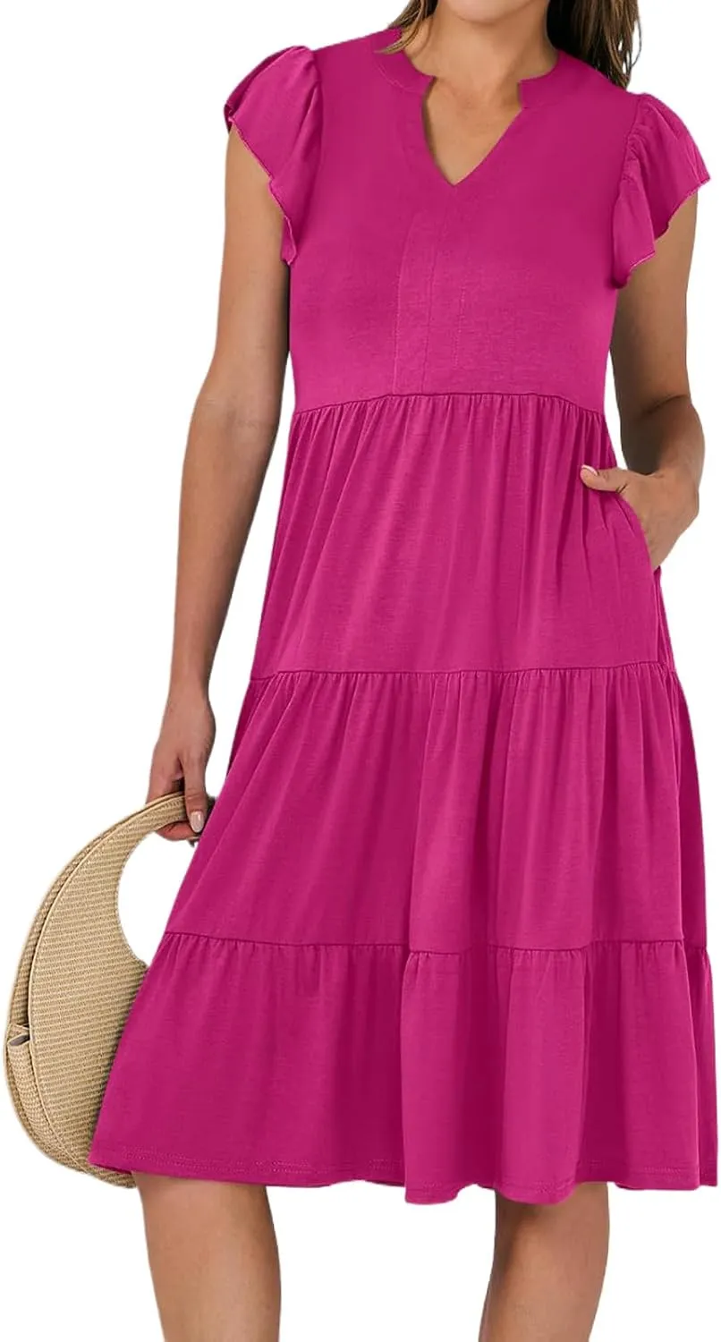 Womens Summer Dress Fashion Ruffle Sleeve V Neck Midi Dresses Trendy Flowy Tiered Beach Vacation Boho Sundress 2025