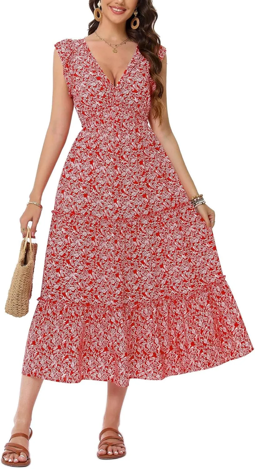 Women's Summer Dresses A Line Ruffle Cap Sleeves Midi Boho Beach Vacation Dress with Pockets