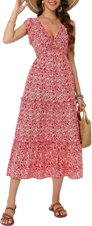 Women's Summer Dresses A Line Ruffle Cap Sleeves Midi Boho Beach Vacation Dress with Pockets