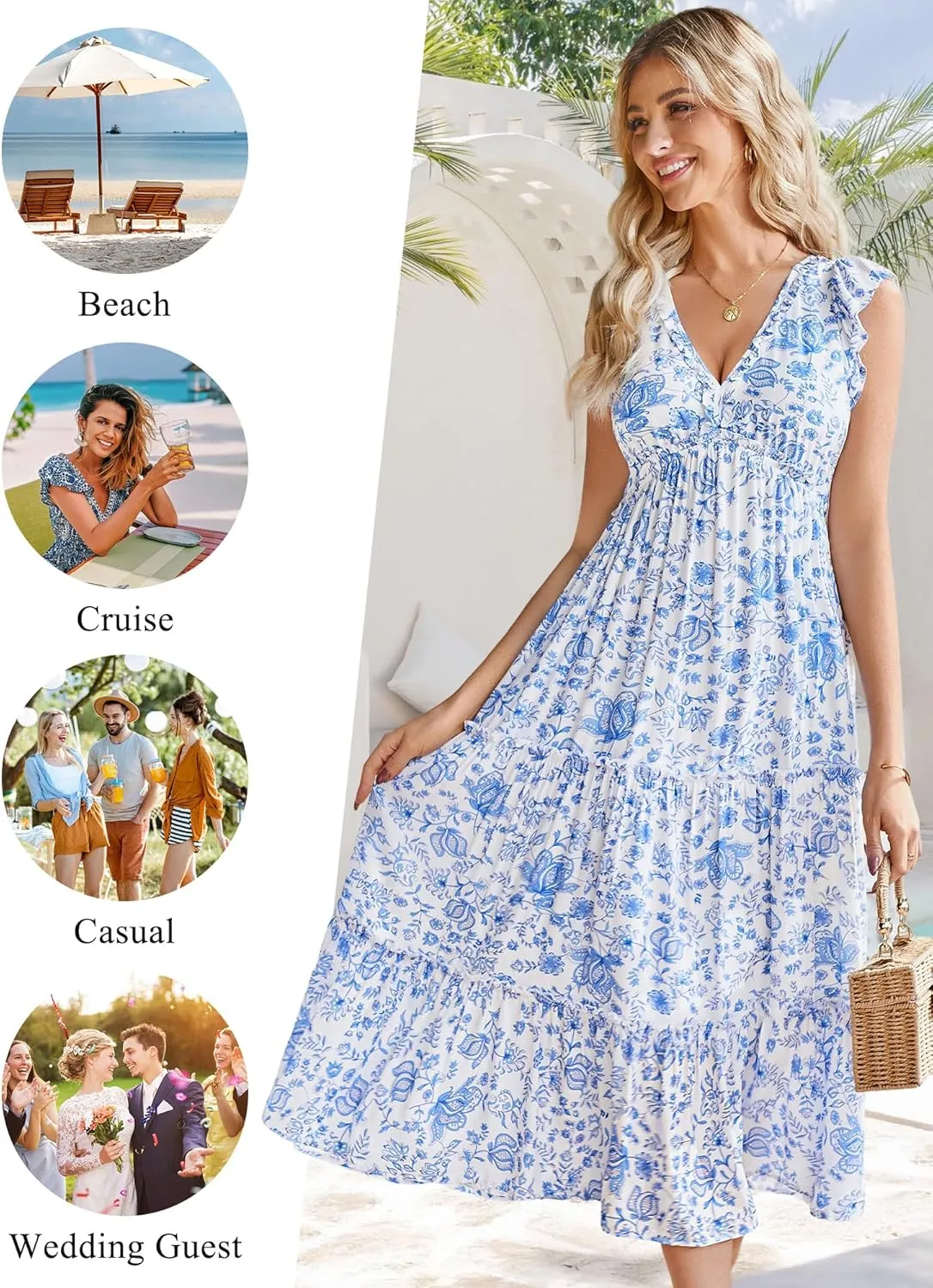 Women's Summer Dresses A Line Ruffle Cap Sleeves Midi Boho Beach Vacation Dress with Pockets