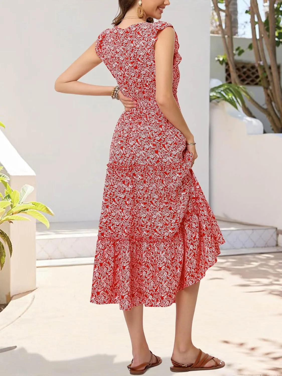 Women's Summer Dresses A Line Ruffle Cap Sleeves Midi Boho Beach Vacation Dress with Pockets