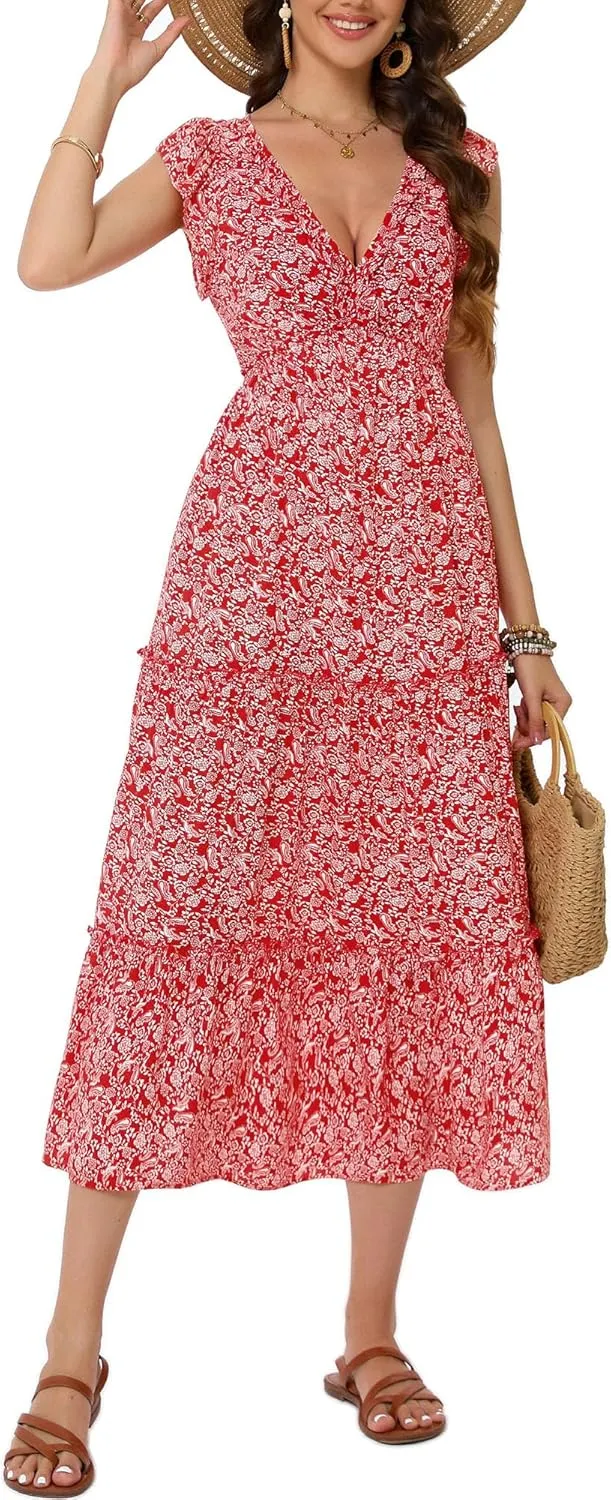 Women's Summer Dresses A Line Ruffle Cap Sleeves Midi Boho Beach Vacation Dress with Pockets