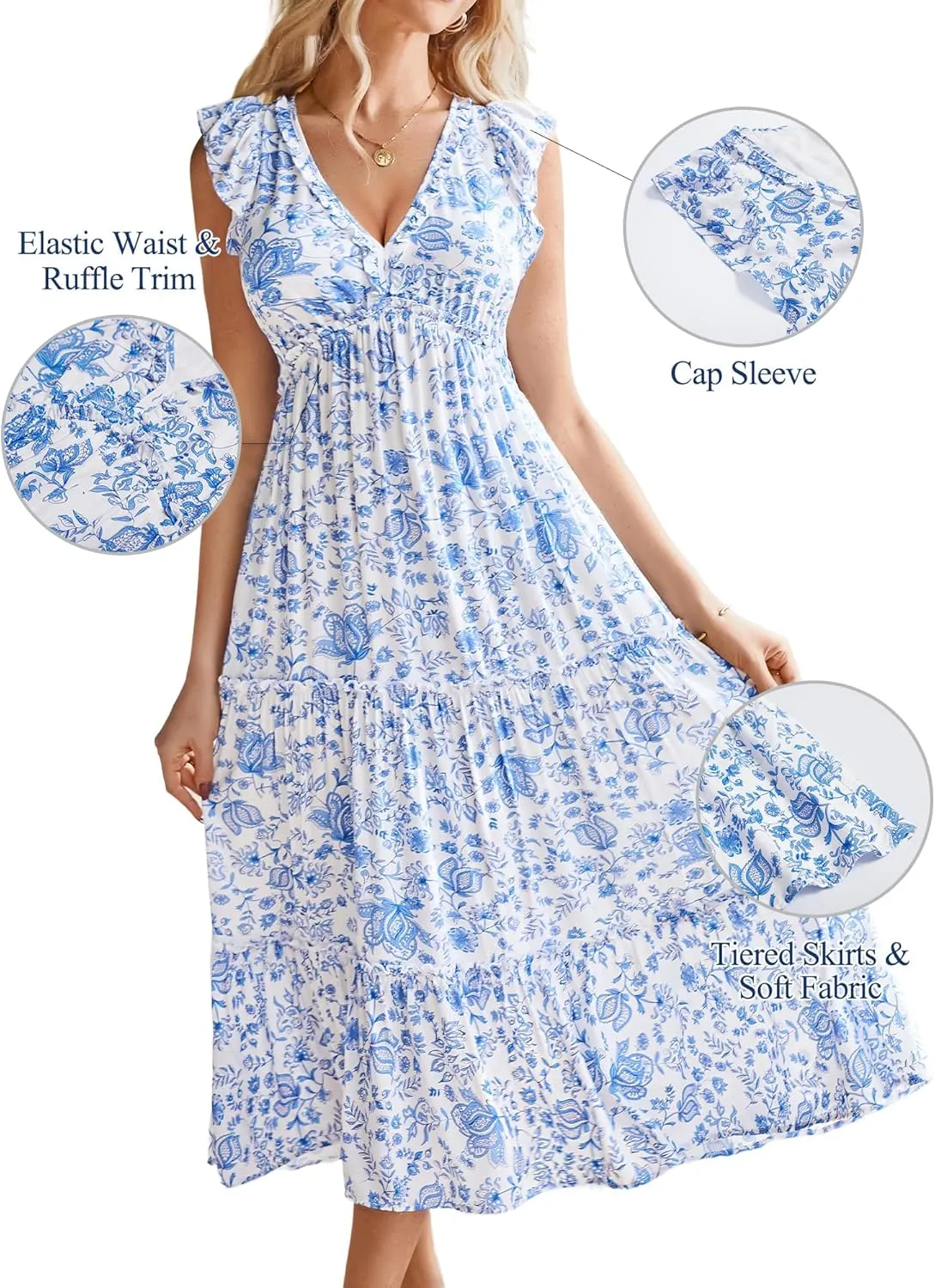 Women's Summer Dresses A Line Ruffle Cap Sleeves Midi Boho Beach Vacation Dress with Pockets