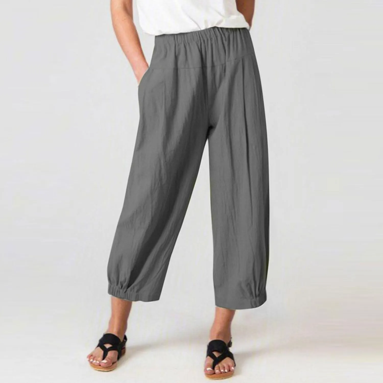 Women's Summer Linen Pants High Waisted Drawstring Printed Bohemian Capris Trousers