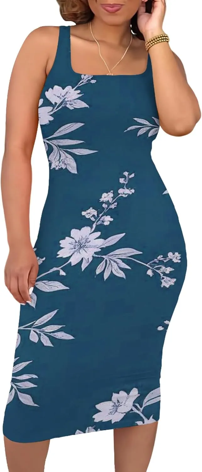 Women's Summer Sundress Sleeveless Square Neck Autumn Boho Floral Print Tie Dye Elastic Waist Ruffle Midi Dresses 2024