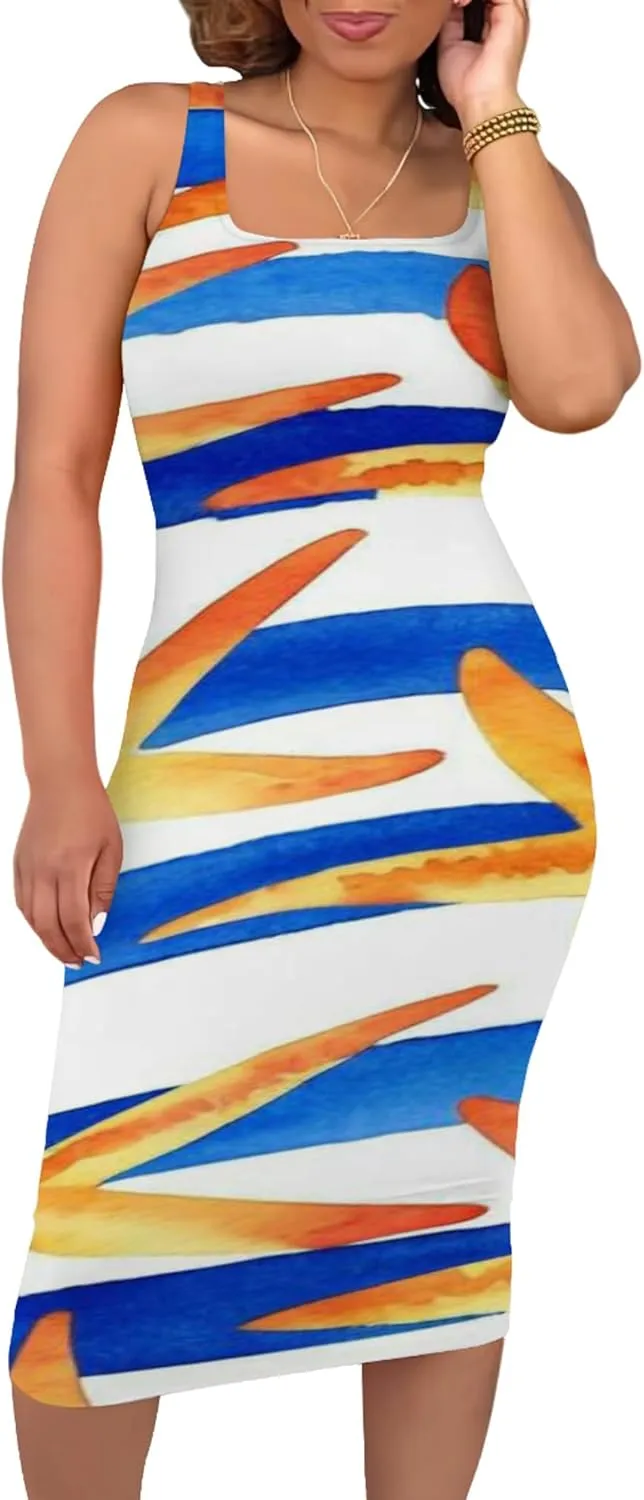 Women's Summer Sundress Sleeveless Square Neck Autumn Boho Floral Print Tie Dye Elastic Waist Ruffle Midi Dresses 2024