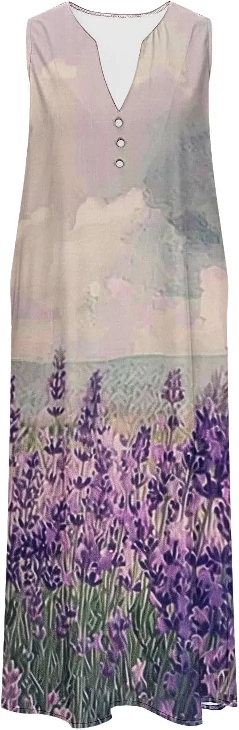 Womens Sundresses for Cruise Vacation Plus Flowy Party Beach Long Dress Sleeveless V Neck Maxi Dress with Pockets