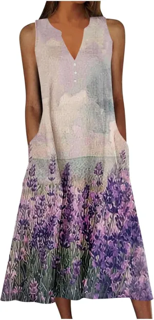 Womens Sundresses for Cruise Vacation Plus Flowy Party Beach Long Dress Sleeveless V Neck Maxi Dress with Pockets