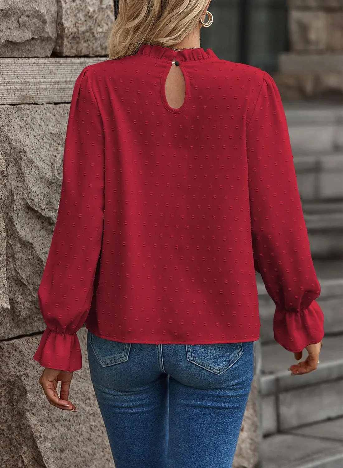 Women's Swiss Dot Shirt Ruffle Long Sleeve Pleated Crewneck Blouse Casual Loose Tops