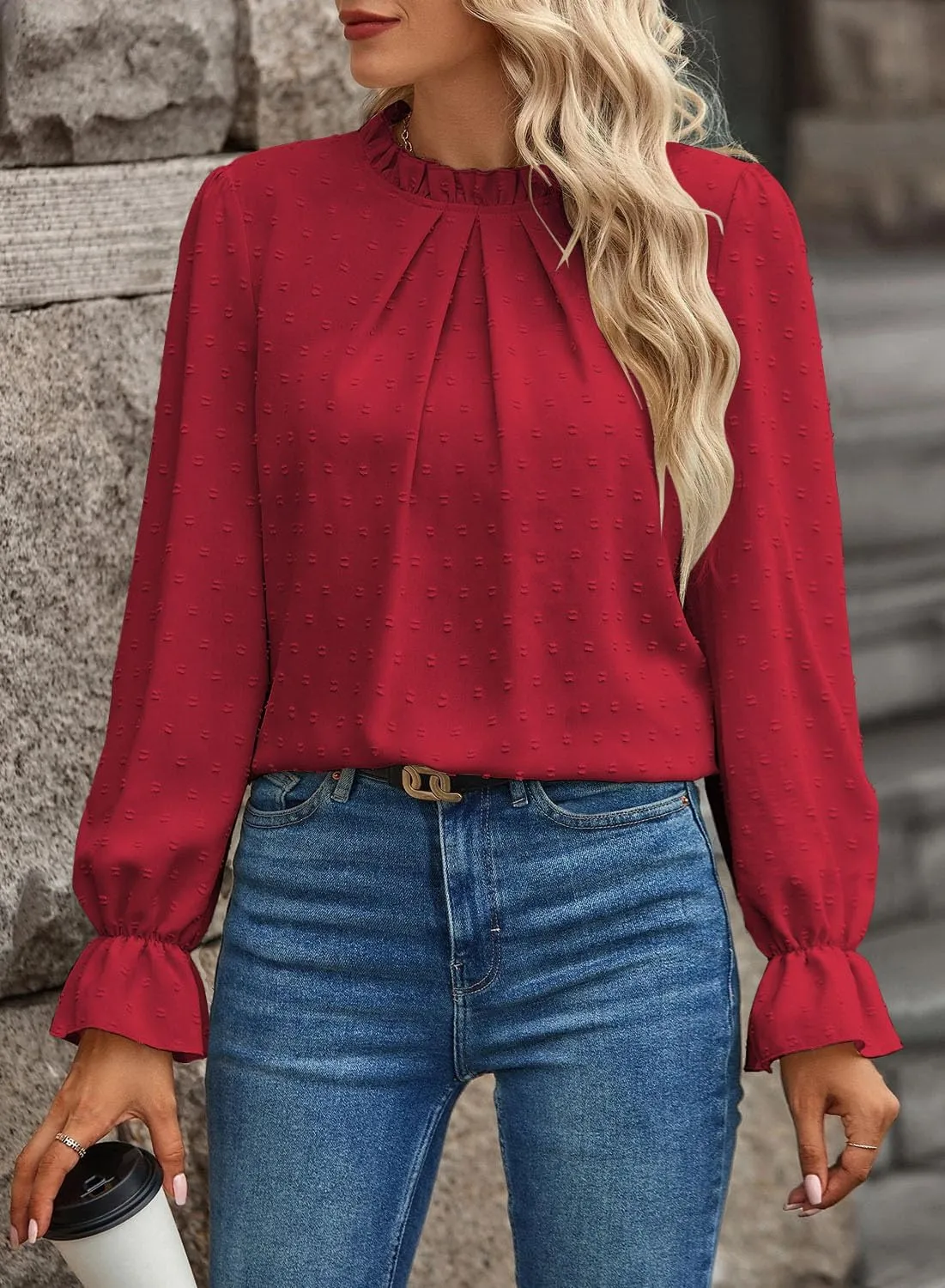 Women's Swiss Dot Shirt Ruffle Long Sleeve Pleated Crewneck Blouse Casual Loose Tops