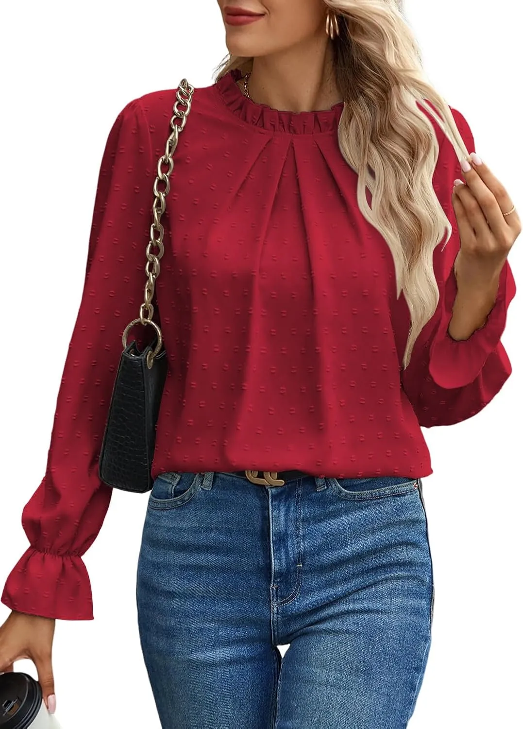 Women's Swiss Dot Shirt Ruffle Long Sleeve Pleated Crewneck Blouse Casual Loose Tops