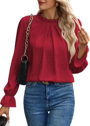 Women's Swiss Dot Shirt Ruffle Long Sleeve Pleated Crewneck Blouse Casual Loose Tops