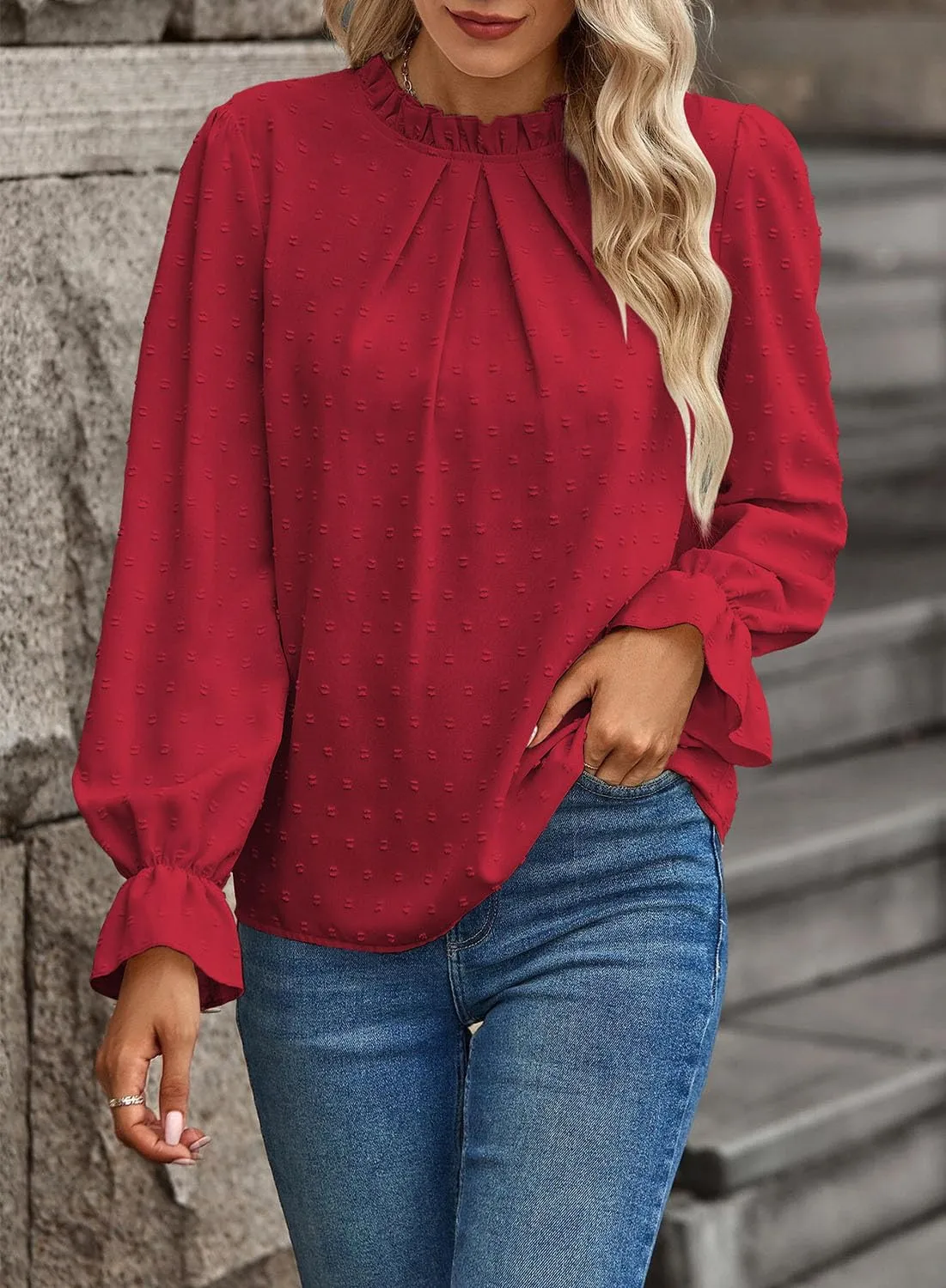 Women's Swiss Dot Shirt Ruffle Long Sleeve Pleated Crewneck Blouse Casual Loose Tops