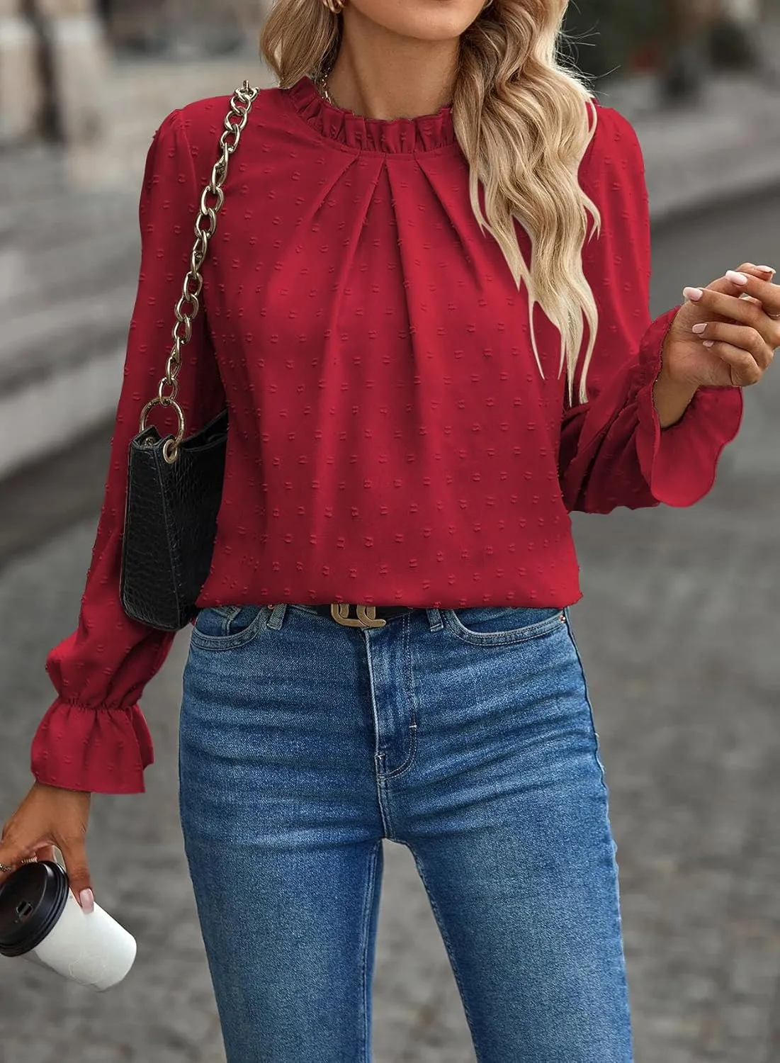 Women's Swiss Dot Shirt Ruffle Long Sleeve Pleated Crewneck Blouse Casual Loose Tops