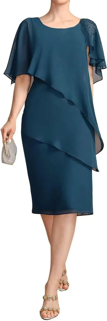 Women's Tea Length Chiffon Mother of The Bride Dresses Beaded Formal Evening Gowns for Wedding