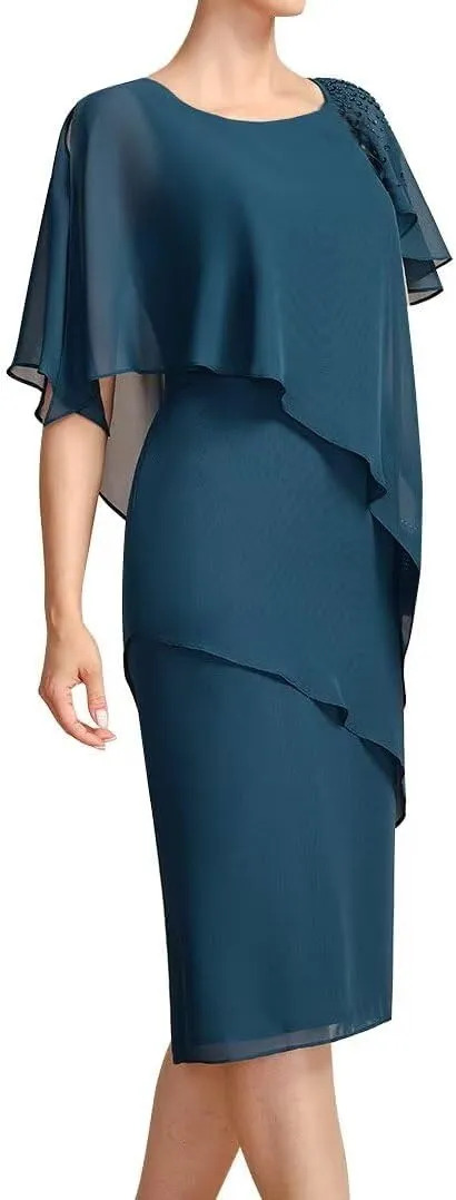 Women's Tea Length Chiffon Mother of The Bride Dresses Beaded Formal Evening Gowns for Wedding