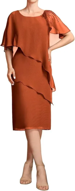 Women's Tea Length Chiffon Mother of The Bride Dresses Beaded Formal Evening Gowns for Wedding