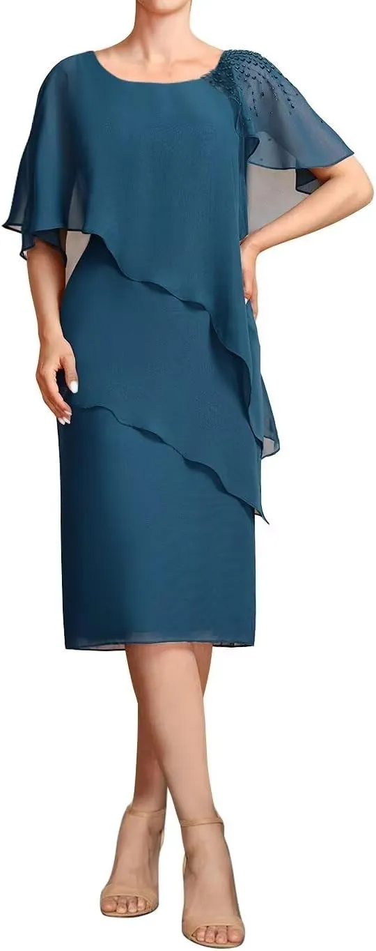 Women's Tea Length Chiffon Mother of The Bride Dresses Beaded Formal Evening Gowns for Wedding