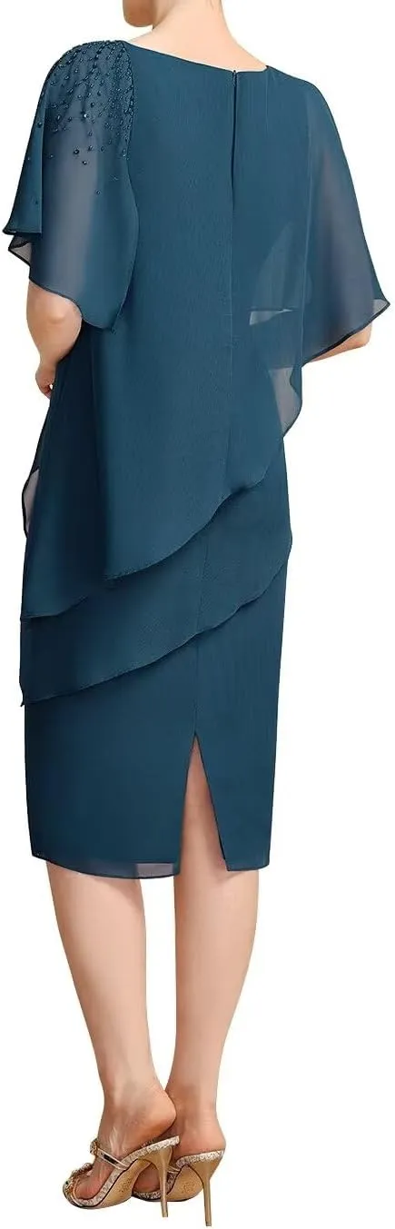 Women's Tea Length Chiffon Mother of The Bride Dresses Beaded Formal Evening Gowns for Wedding