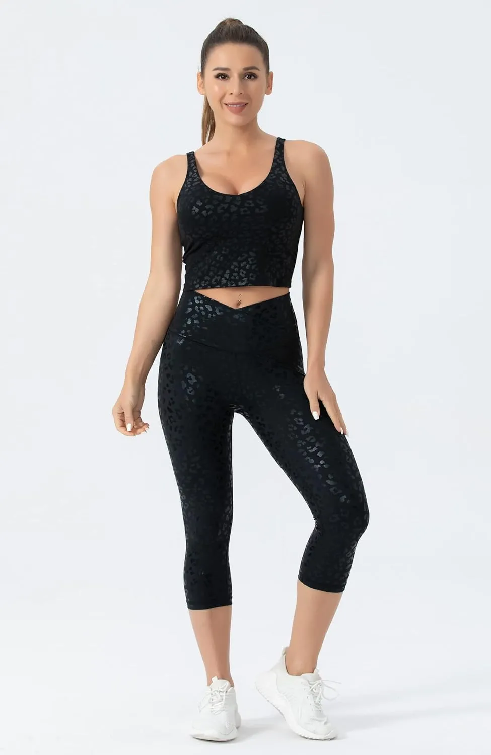 Women's V Cross Waist Yoga Capris Leggings High Waisted Tummy Control Workout Running Pants