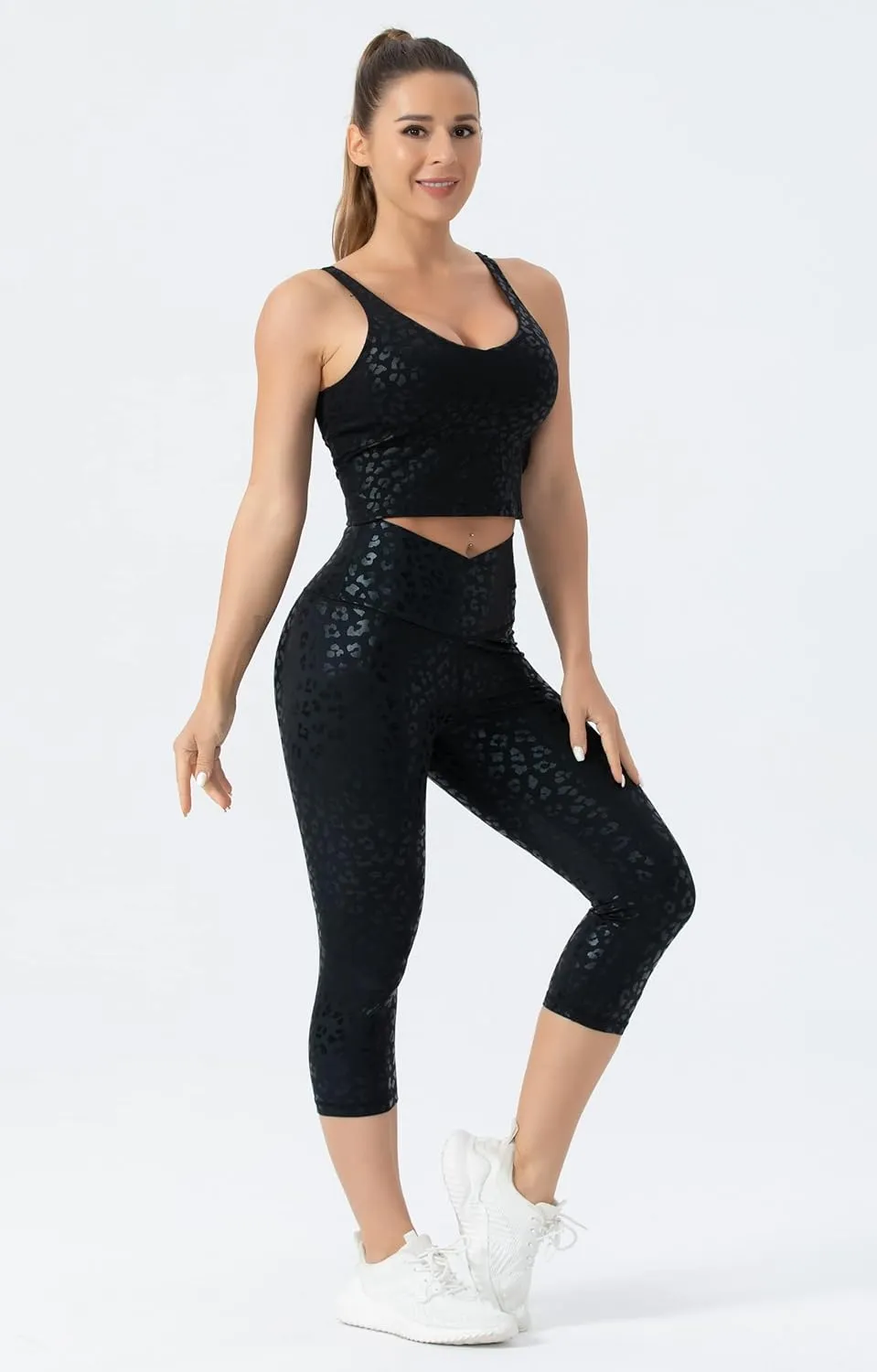 Women's V Cross Waist Yoga Capris Leggings High Waisted Tummy Control Workout Running Pants