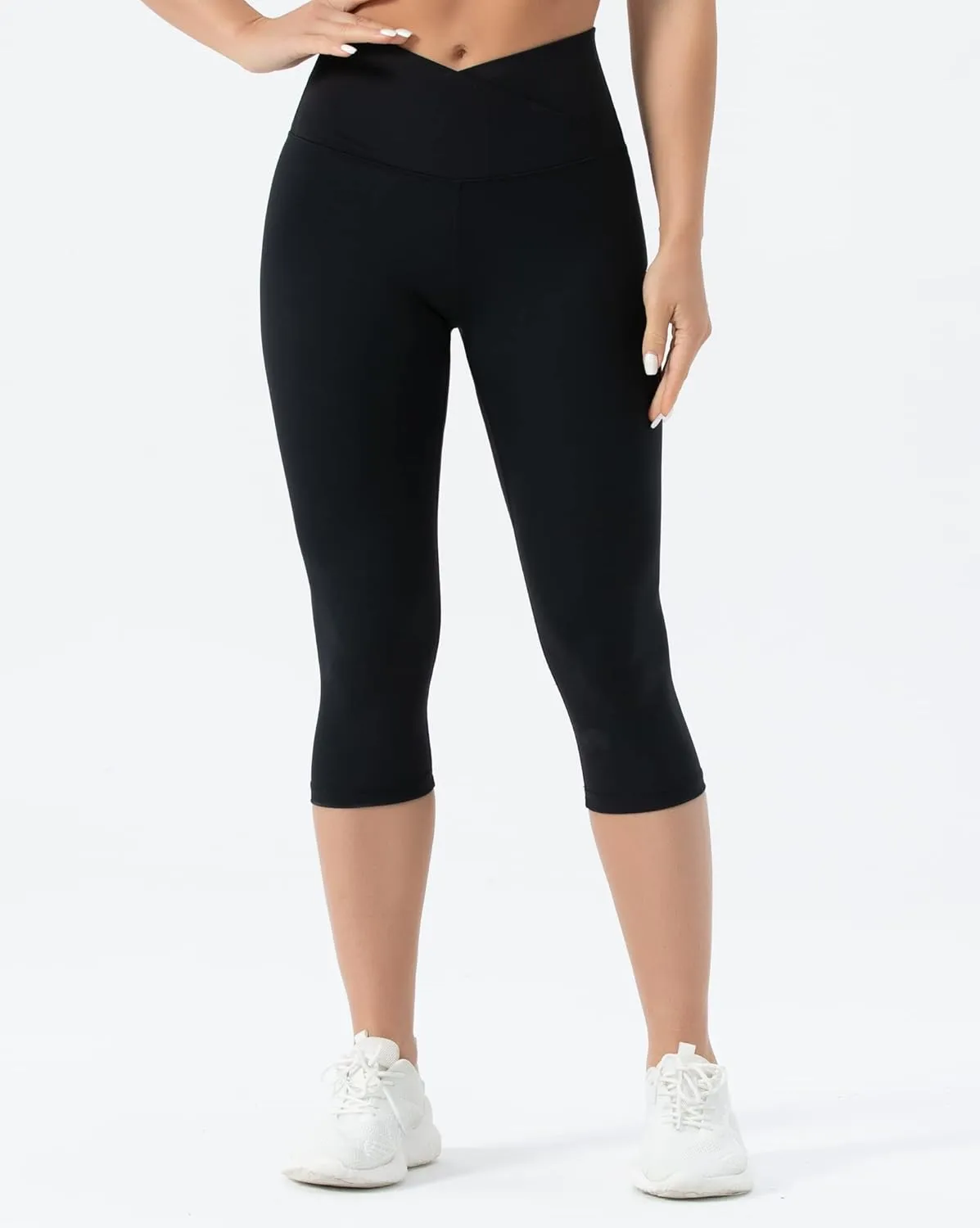 Women's V Cross Waist Yoga Capris Leggings High Waisted Tummy Control Workout Running Pants