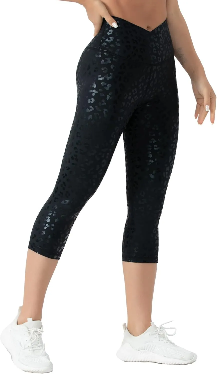 Women's V Cross Waist Yoga Capris Leggings High Waisted Tummy Control Workout Running Pants