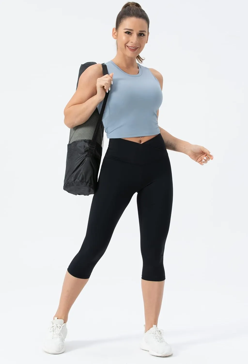Women's V Cross Waist Yoga Capris Leggings High Waisted Tummy Control Workout Running Pants