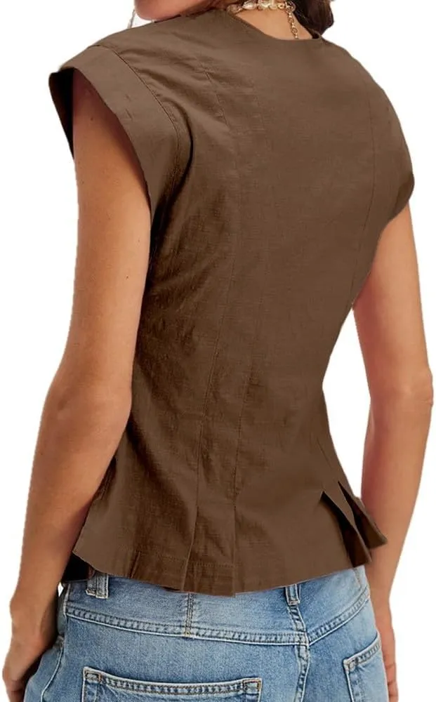 Womens V Neck Button Down Linen Vest Tops Cap Sleeve Fitted Tank Tops Summer Trendy Casual Waistcoat