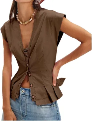 Womens V Neck Button Down Linen Vest Tops Cap Sleeve Fitted Tank Tops Summer Trendy Casual Waistcoat