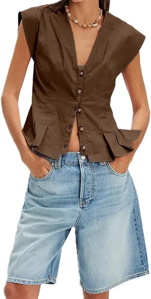 Womens V Neck Button Down Linen Vest Tops Cap Sleeve Fitted Tank Tops Summer Trendy Casual Waistcoat