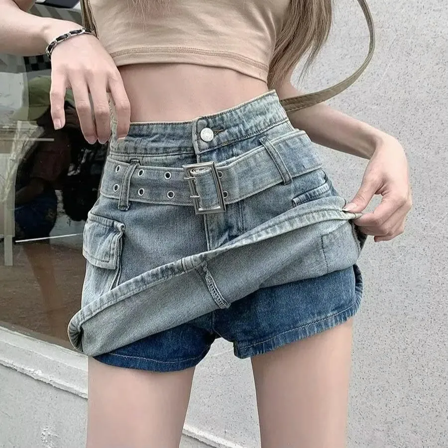 Women's Vintage High-Waisted Slimming Denim Skirt with Inner Lining A-Line Shorts Summer