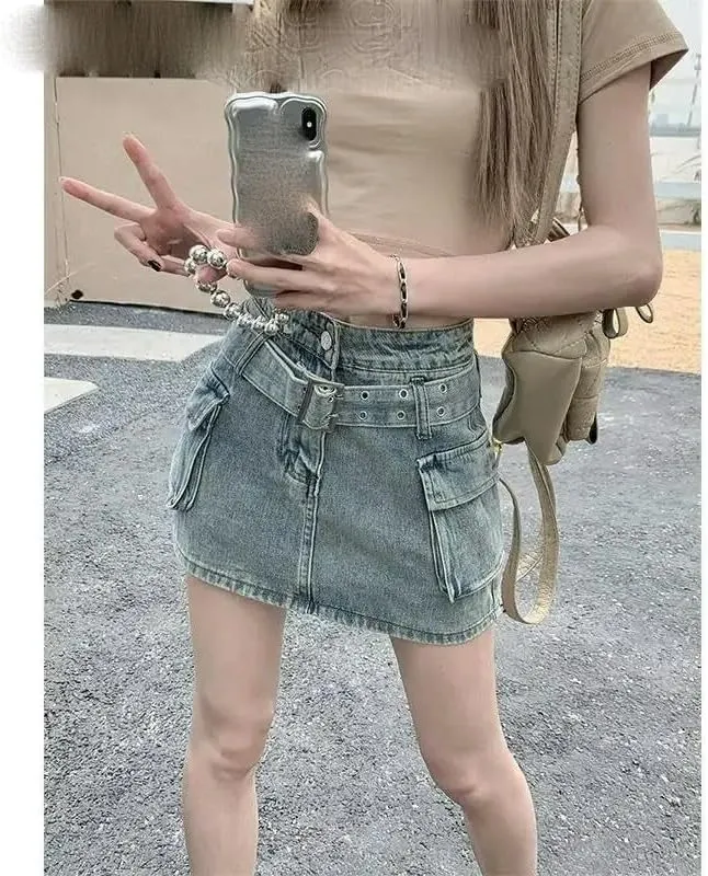 Women's Vintage High-Waisted Slimming Denim Skirt with Inner Lining A-Line Shorts Summer