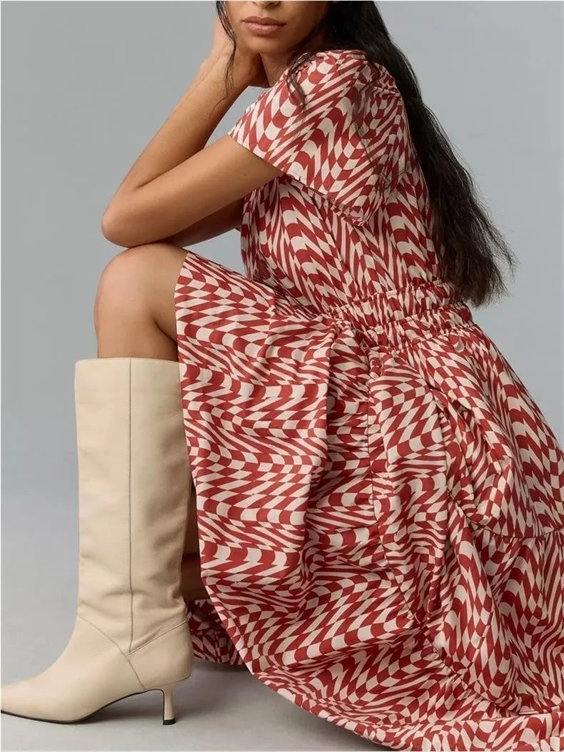 Women's Waist Cinching Retro Printed Dress, Fashionable Bohemian Long Skirt
