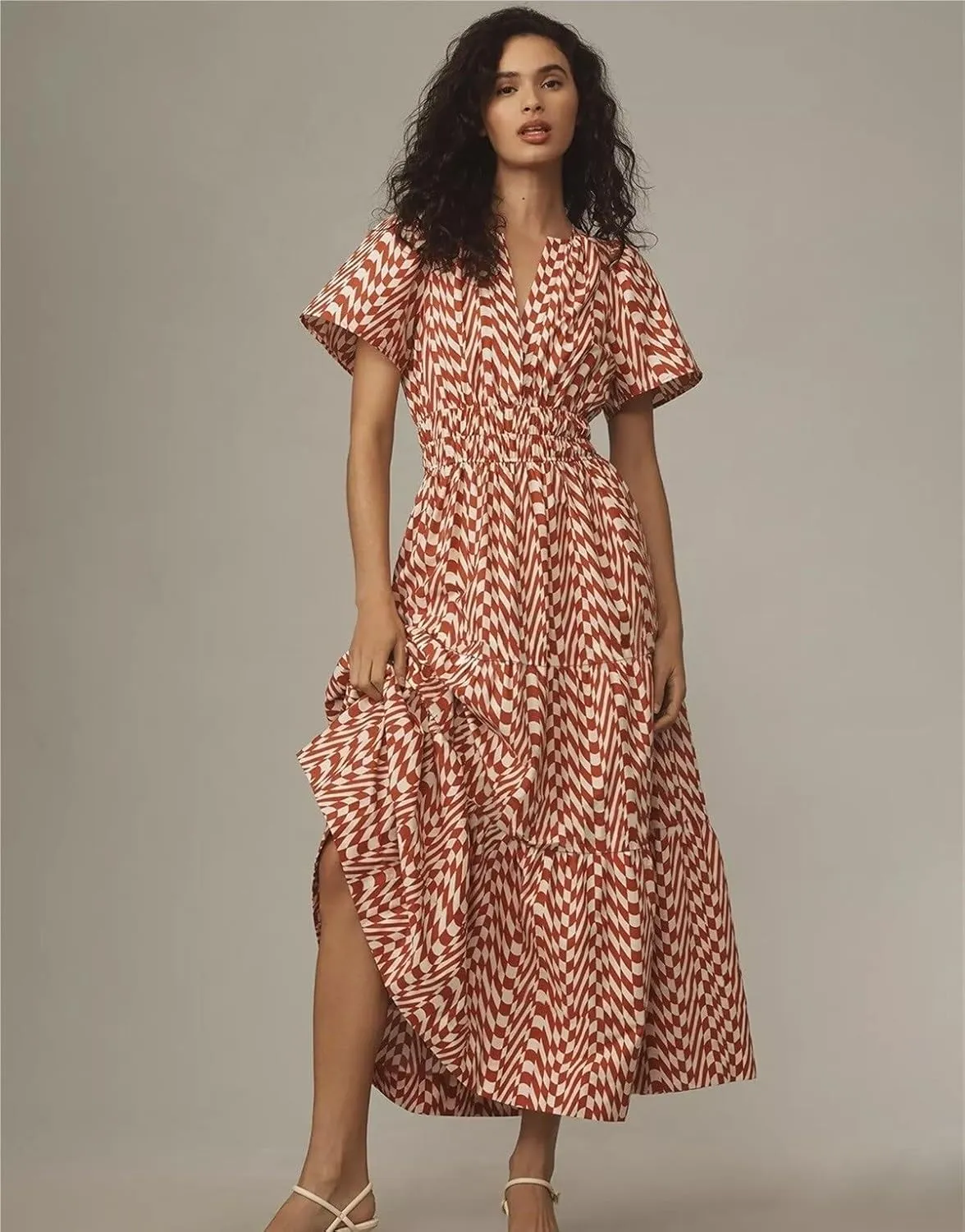 Women's Waist Cinching Retro Printed Dress, Fashionable Bohemian Long Skirt