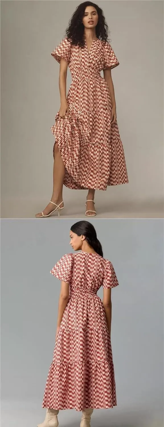 Women's Waist Cinching Retro Printed Dress, Fashionable Bohemian Long Skirt