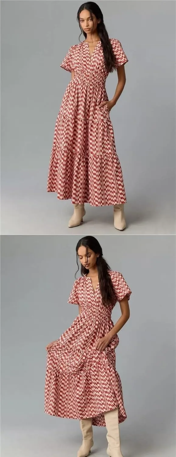 Women's Waist Cinching Retro Printed Dress, Fashionable Bohemian Long Skirt