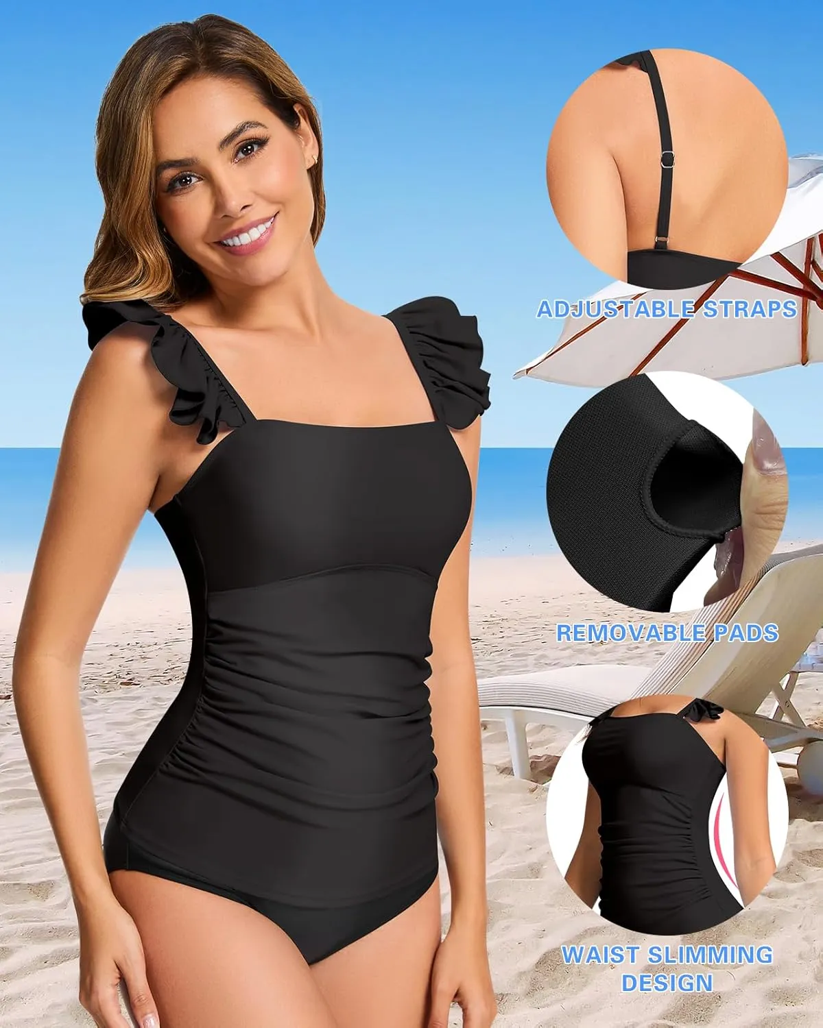 WOWENY Swim Tankini Top Only for Women Tummy Control Tankini Swimsuits UPF 50  Ruffle Bathing Suit Tops No Bottom