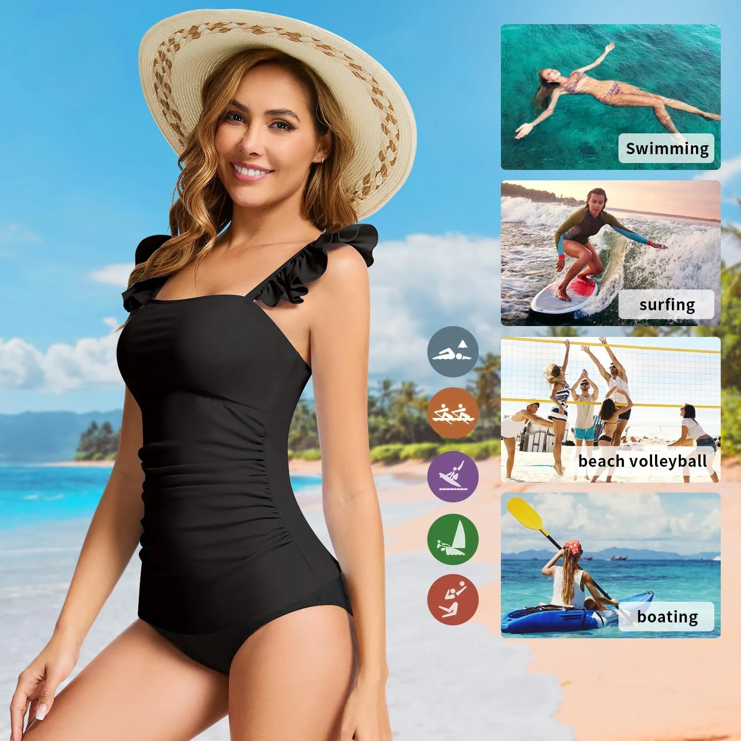 WOWENY Swim Tankini Top Only for Women Tummy Control Tankini Swimsuits UPF 50  Ruffle Bathing Suit Tops No Bottom