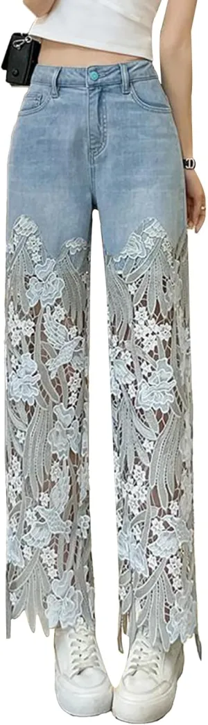 xxxiticat Women's Lace Denim Pants High Waisted Hollow Out Asymmetric Floral Patchwork Ripped Straight Leg Jeans Trouser