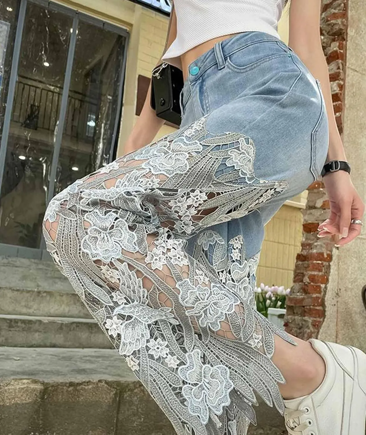 xxxiticat Women's Lace Denim Pants High Waisted Hollow Out Asymmetric Floral Patchwork Ripped Straight Leg Jeans Trouser