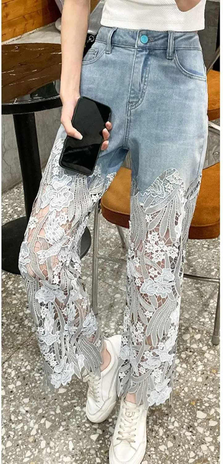 xxxiticat Women's Lace Denim Pants High Waisted Hollow Out Asymmetric Floral Patchwork Ripped Straight Leg Jeans Trouser