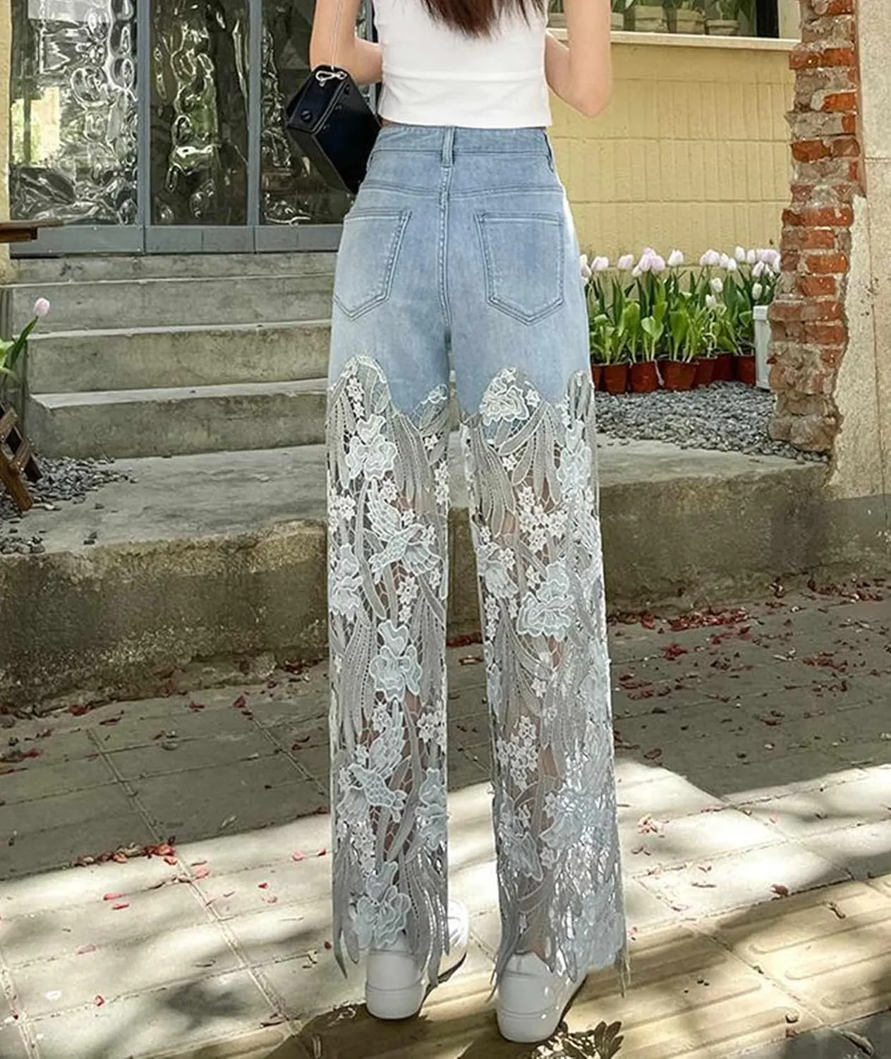 xxxiticat Women's Lace Denim Pants High Waisted Hollow Out Asymmetric Floral Patchwork Ripped Straight Leg Jeans Trouser