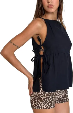 Y2k Women Tie Side Tank Top Crop Cute Sleeveless Lace Up Loose Vest Split Square Neck Going Out Shirts Summer