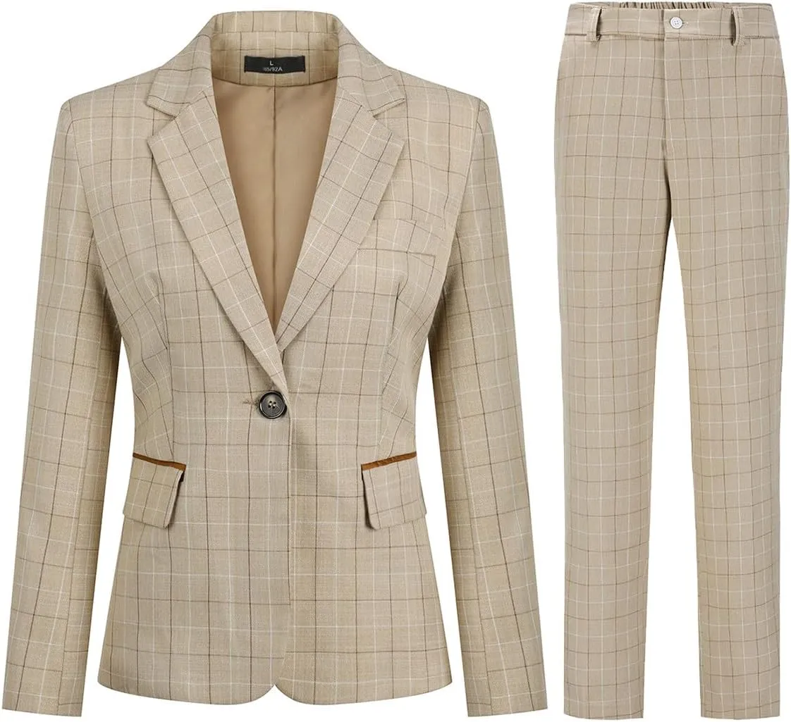 YYNUDA Women's Business Plaid Suit Set Lady 2 Piece 1 Button Office Blazer Jacket and Pants for Work